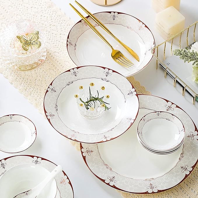 White Bone China and Gold Trim Cutlery Set with Dinner Plates Dessert Plates Soup Plates Saucers for Gifts Wedding Hotel 60 Piece