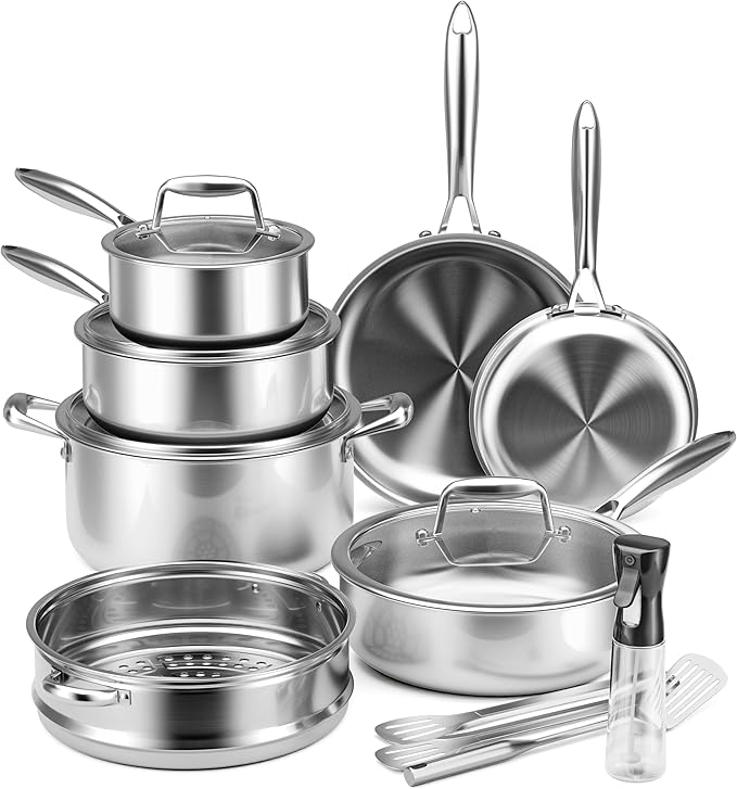 Stainless Steel Cookware Set - VONIKI Tri-ply Stainless Pots And Pans Set with Steamer Basket Non Toxic Induction Cookware Kitchen Cookware Sets PFOA &amp PTFE Free Dishwasher and Oven Safe