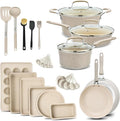 Pots and Pans Set 23-Piece Non Stick Cookware &amp Bakeware Sets with Plaid Pattern Stackable Design Dishwasher Safe Stain-resistant Oven &amp All-Stove Safe Tempered Glass Lid White Marble