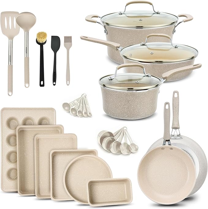Pots and Pans Set 23-Piece Non Stick Cookware &amp Bakeware Sets with Plaid Pattern Stackable Design Dishwasher Safe Stain-resistant Oven &amp All-Stove Safe Tempered Glass Lid White Marble