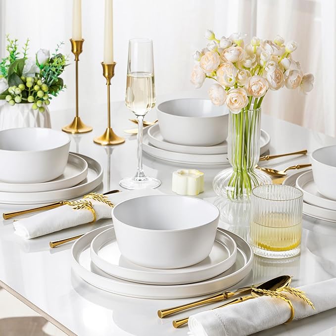 AmorArc Ceramic Dinnerware Sets for 4Stoneware Plates and Bowls SetsChip and Crack Resistant | Dishwasher &amp Microwave Safe Ceramic DishesService for 4 (12pc)-White