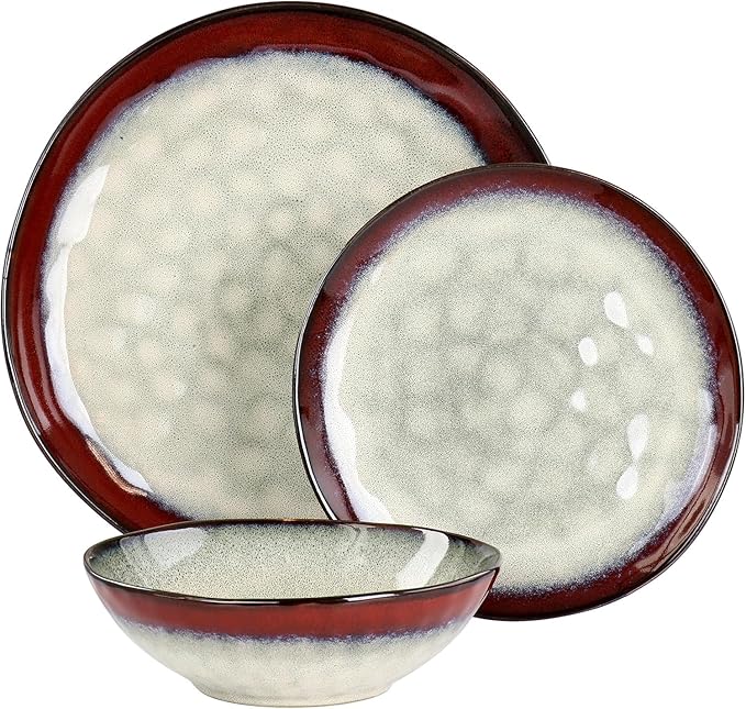 12 Piece Stoneware Dinnerware Set – Ombre Color Rim Plates and Bowls Microwave &amp Dishwasher Safe Dinner Set for 4 (Off White with Red Rim)