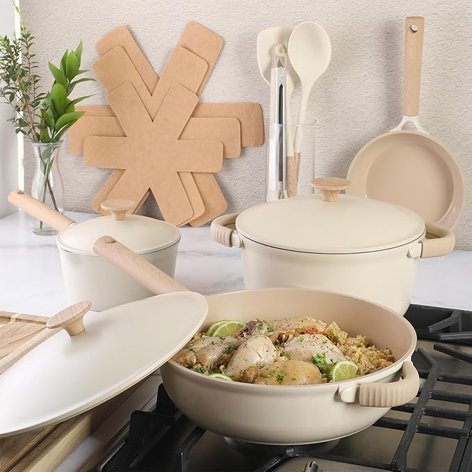 Gibson Elite Folkstone 13 Piece Pots and Pans Durable Cast Aluminum PFA Free Non stick Ceramic Coating Cookware Set W/Kitchen Tools and Protective Felts - Induction Safe - Linen White W/Wood Handle