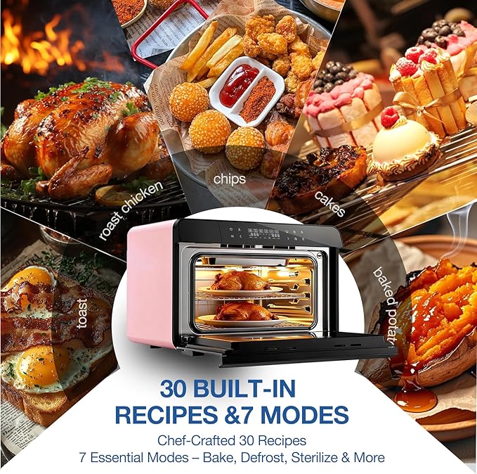 ROBAM Toaster Air Fryer Combi Oven Countertop Steam Oven 20-in-1 with Convection Steam Roast &amp Bake Multi-Stage Cooking Self-Clean 7 Modes 30 Built-In Recipes for Kitchen Pizza Baking (Pink)