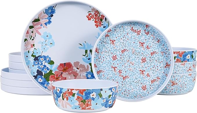 Spring Flower Melamine Dinnerware Set for 4 12 Piece Floral Plates and Bowls Set Dishwasher Safe Lightweight Dishes Straight Edge Tableware for Kitchen Indoor Outdoor RV Camping Picnic Gift
