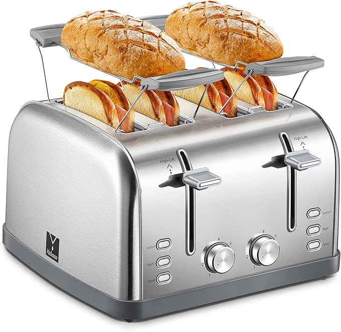 Toaster 4 Slice Extra Wide Slots Stainless Steel with High Lift Lever Bagel and Muffin Function Removal Crumb Tray 7-Shade Settings with Warming Rack Silver Yabano