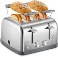 Toaster 4 Slice Extra Wide Slots Stainless Steel with High Lift Lever Bagel and Muffin Function Removal Crumb Tray 7-Shade Settings with Warming Rack Silver Yabano
