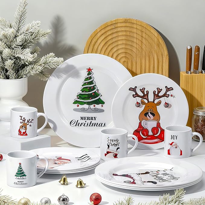 12 Piece Christmas Melamine Dinnerware Set for 4 Guest 10 Dinner Plates 8 Salad Plates 9 oz Mug Shatterproof Xmas Dishes Gift for Home Party Festive Holiday Celebrations