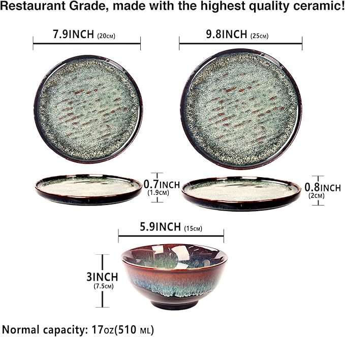 Dinner Set 12 Pieces - Round Reactive Glaze Tableware - Kitchen Dinnerware Porcelain Crockery with Dinner Plate Bowl and Soup Plate Service for 4 Microwave Dishwasher Safe Set (No.3)