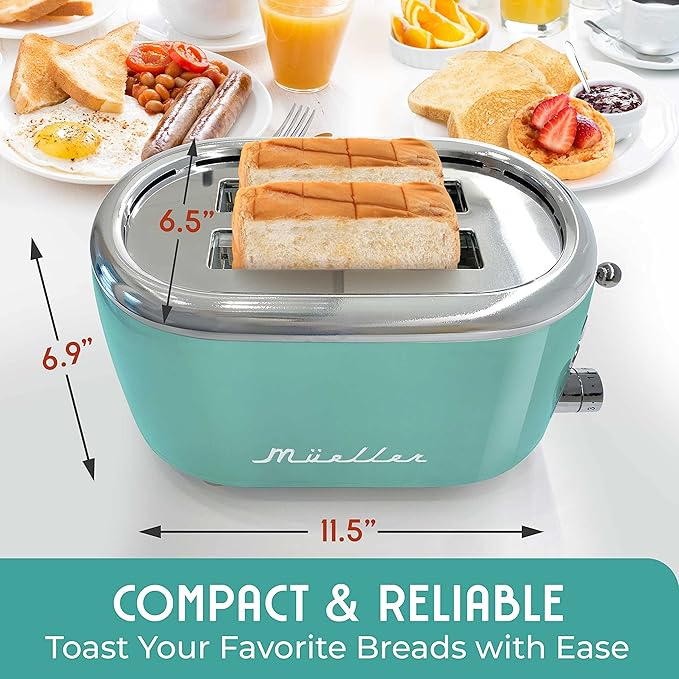 Mueller Retro Toaster 2 Slice with 7 Browning Levels and 3 Functions: Reheat Defrost &amp Cancel Stainless Steel Features Removable Crumb Tray Under Base Cord Storage Turquoise