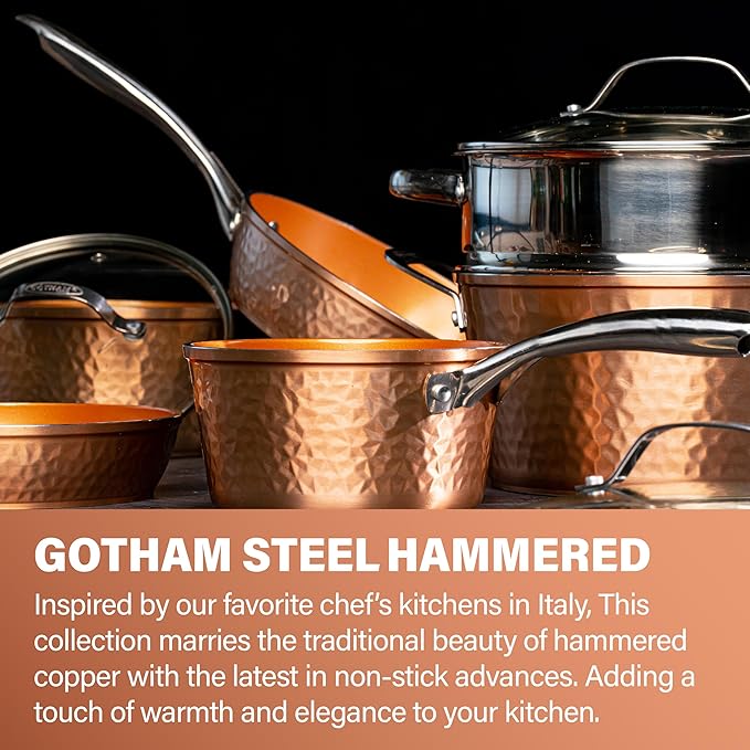 Gotham Steel Hammered 15 Pc Ceramic Cookware Set Induction Pots and Pans Set Non Stick with Cooking Utensils &amp Steamer Non Toxic Ceramic &amp Titanium Coating PFOA PFOS Free Oven &amp Dishwas