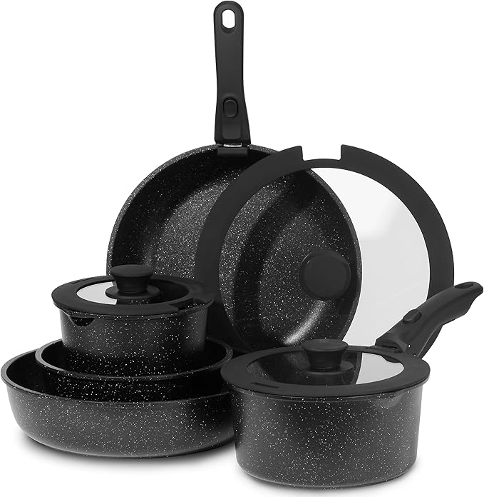 ESLITE LIFE Nonstick Cookware Sets with Detachable HandleCeramic Coating Pots and Pans Set Kitchen Cooking Set Compatible with All Stovetops PTFE &amp PFOA Free Black 10 Pcs Set