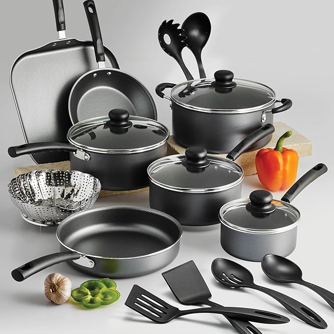 18-Piece Non-Stick Cookware Set Steel Gray Multiple Pots &amp Utensils Included Universal Stove Compatibility Dishwasher Safe