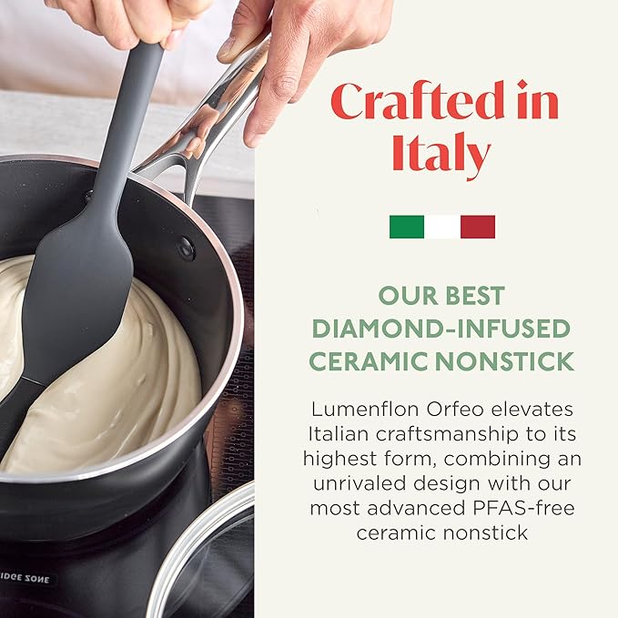 Orfeo 2.4QT Nonstick Saucepan with Lid Made in Italy Diamond Ceramic PFAS-Free Cookware Induction Ready Scratch Resistant Laser-Fused Surface for Durability Dishwasher Safe Black