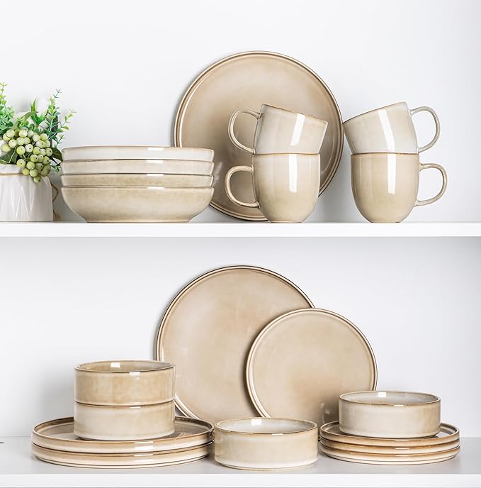 AmorArc 12 pcs Ceramic Dinnerware Sets with 6pcs Coffee mugsHandmade Reactive Glaze Plates and Bowls Sets Dishwasher &amp Microwave Safe Dishes Set Service for 4