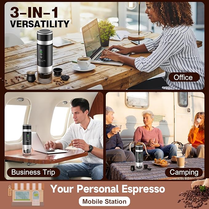 Portable Espresso Machine with Removeable Battery 20 bar Mini Travel Coffee maker Expresso Coffee Maker with USB-C3-in-1 Car Coffee Maker Self-Heating Ground Coffee &amp Capsule(Ns&ampDG)