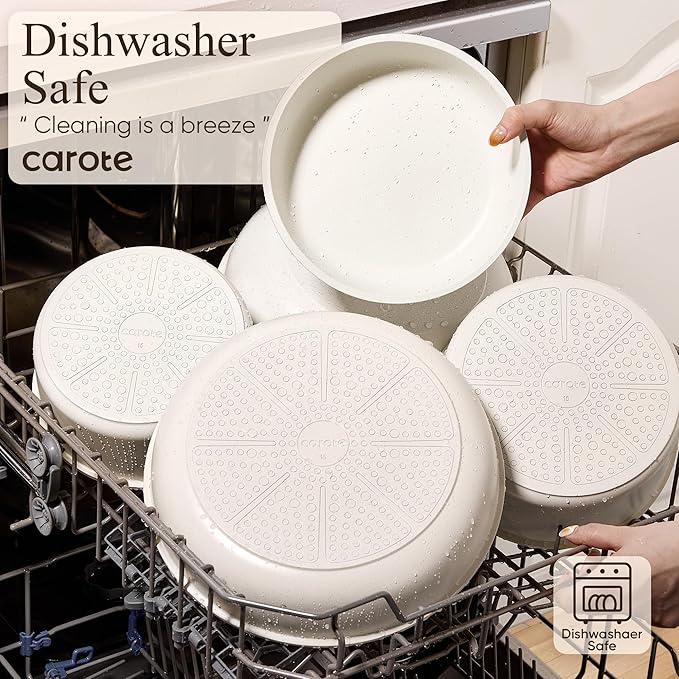 CAROTE Pots and Pans Set Non Stick Cookware Sets Kitchen Set Oven/Dishwasher/Fridge Safe Space Saving Pots Set Nonstick Set with Versatile Detachable Handle Induction RV Set Cream