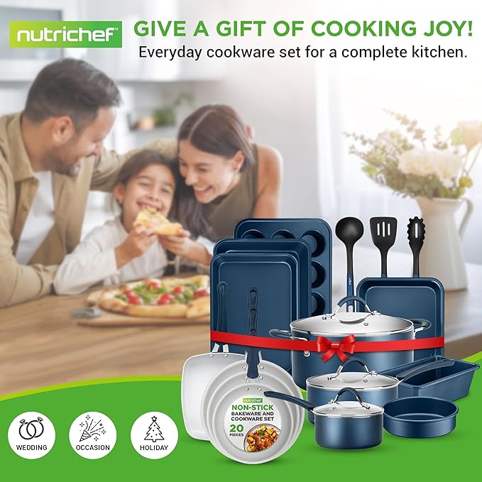 NutriChef Kitchenware Pots &amp Pans Set – High-qualified Basic Kitchen Cookware Set Non-Stick (20-Piece Set)