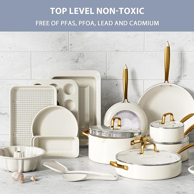 Pots and Pans Set Nonstick - Granite Cookware + Bakeware Set Kitchen Cookware Sets With Dutch Oven Frying Pans Saucepan Sauté Pan Silicone Utensils Cookie Sheet Baking Pan Set for Cooking Gifts