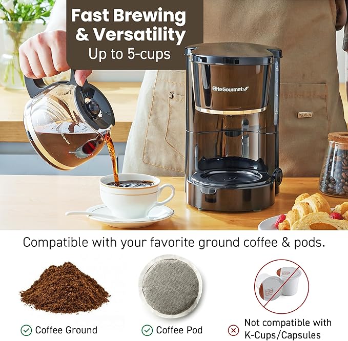 Elite Gourmet EHC-5055# Automatic Brew &amp Drip Coffee Maker with Pause N Serve Reusable Filter On/Off Switch Water Level Indicator Black