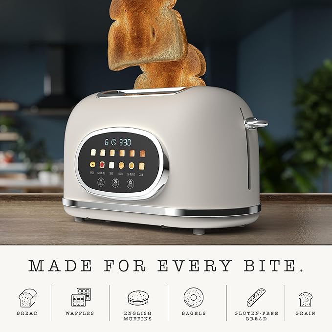 Rae Dunn Retro Digital Electric Toaster 2 Slice Stainless Steel Toaster With Touchscreen Countdown Timer 6 Shade Settings Wide Slots High Lift Lever Bagel Defrost &amp Reheat Digital Cream
