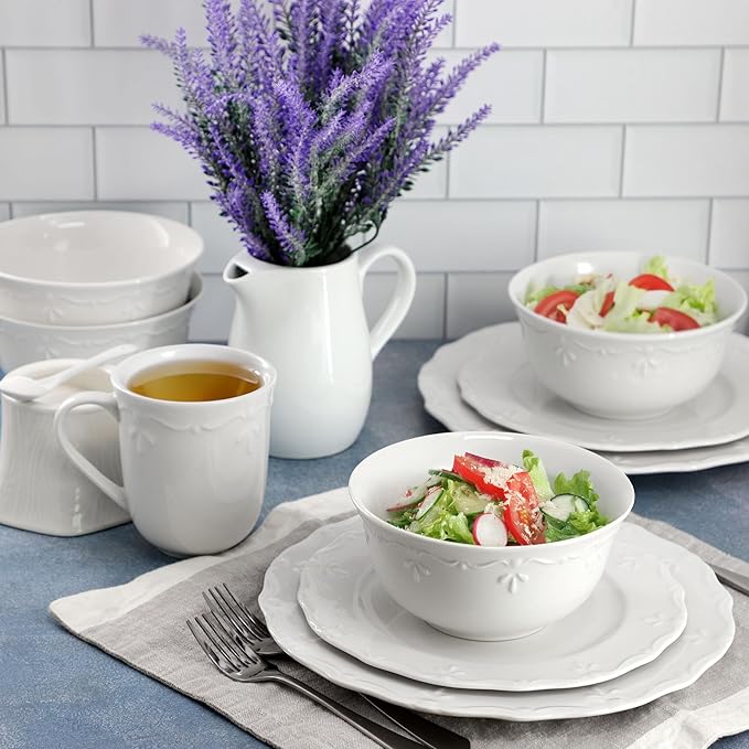 Elama Henryi 16 Piece Embossed Rim Detail Porcelain White Dinnerware Set Tableware Set Serveware (16 Piece)