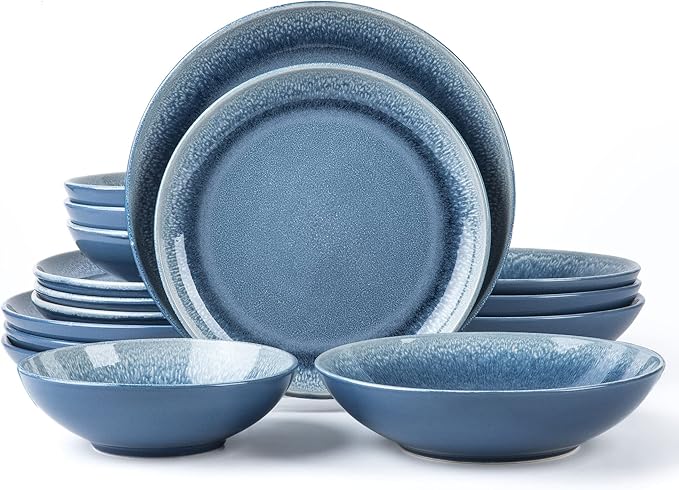 FAIT Round Stoneware 16pc Double Bowl Dinnerware Set for 4 Dinner Plates Side Plates Cereal Bowls Pasta Bowls - Reactive Glaze Blue (449322)