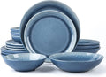FAIT Round Stoneware 16pc Double Bowl Dinnerware Set for 4 Dinner Plates Side Plates Cereal Bowls Pasta Bowls - Reactive Glaze Blue (449322)
