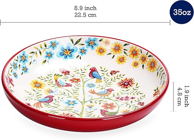 Bico Red Spring Bird Ceramic 16 pcs Dinnerware Set Service for 4 Inclusive of 11 inch Dinner Plates 8.75 inch Salad Plates 35oz Dinner Bowls and Mugs for Party Microwave &amp Dishwasher Safe