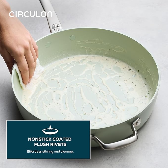 Circulon Halo with LaserDefense Ceramic Nonstick Saute Pan with Helper Handle and Lid Made without PFAS Compatible with All Stovetops Dishwasher and Oven Safe 5 Quart Multipurpose Pan - Sage