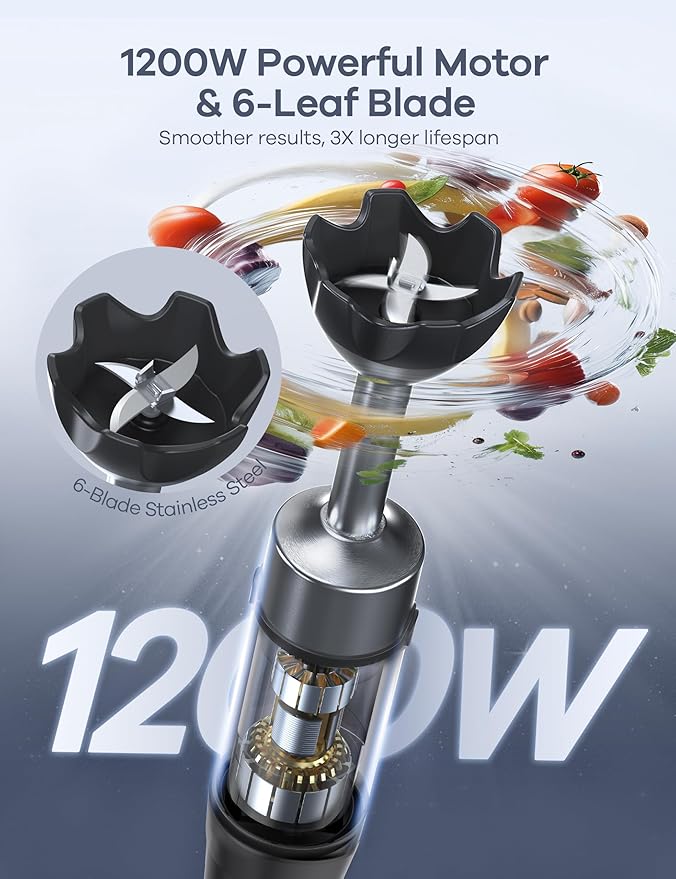 Ganiza Immersion Blender Max 1200W Heavy Duty Hand Blender with Time Display &amp Variable Speed Trigger 9-in-1 Electric Handheld Mixer with Chopper Whisk Frother Beaker Ideal for Soup Puree Smooth