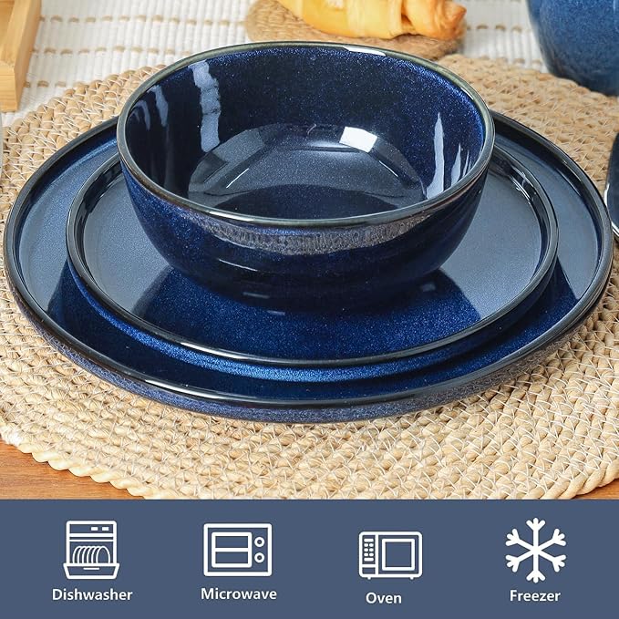 Vicrays 24-Piece Ceramic Dinnerware Set for 6 Ceramic Dinner Plates Salad Plates Bowls Set Coffee Mug Dishwasher Safe Not Microwave or Oven Safe Scratch Resistant Party - Blue