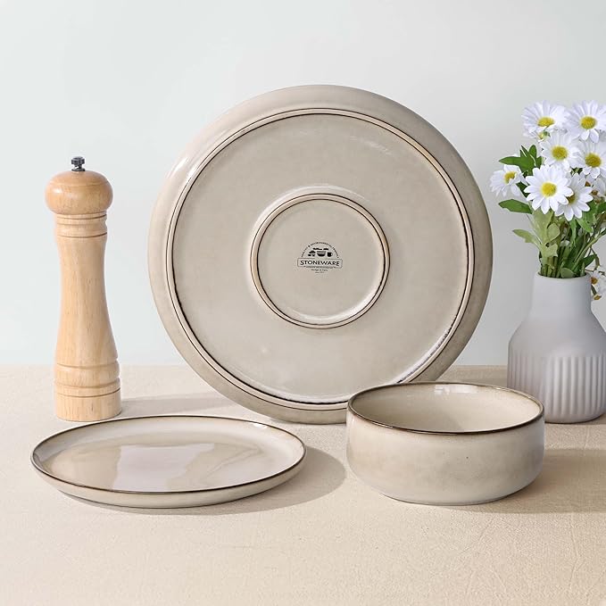 Herogo Dinnerware Sets with Pasta Bowls 16 Piece Plates and Bowls Set for 4 Modern Stoneware Dinner Dishes for Kitchen Dinning Dishwasher &amp Microwave Safe Cream Khaki