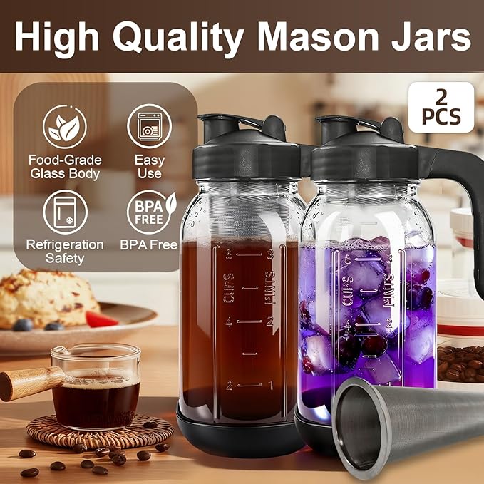 2 PCS Cold Brew Coffee Maker64 oz Mason Jar Pour Spout Lid Refillable Stainless Steel FilterNon-slip Silicone Sleeve for Glass Pitcher Homemade BeverageFor Home Baristas &amp Coffee Enthusiasts