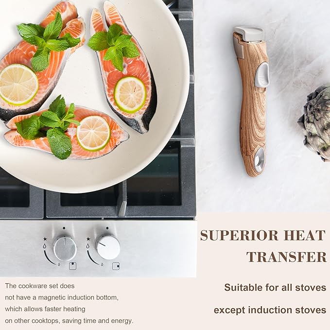 Nonstick Cookware Set - YIIFEEO Stackable Pots and Pans Set Detachable Handle Camping Cookware Granite Kitchen Cookware Sets Removable Handle Non Toxic Nonstick Frying Pans for Cooking Set Gift Beige