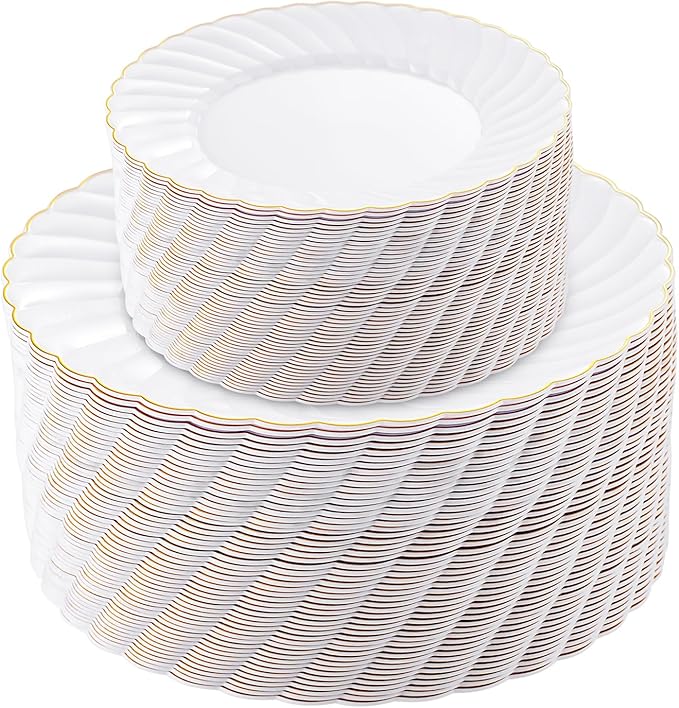 U-QE 100 Pieces Gold Plastic Plates - Premium White Plastic Plates for Party Wedding and Daily Use Including 50PCS 9 '' Plastic Dinner Plates &amp 50PCS 6.5 '' Plastic Dessert Plates