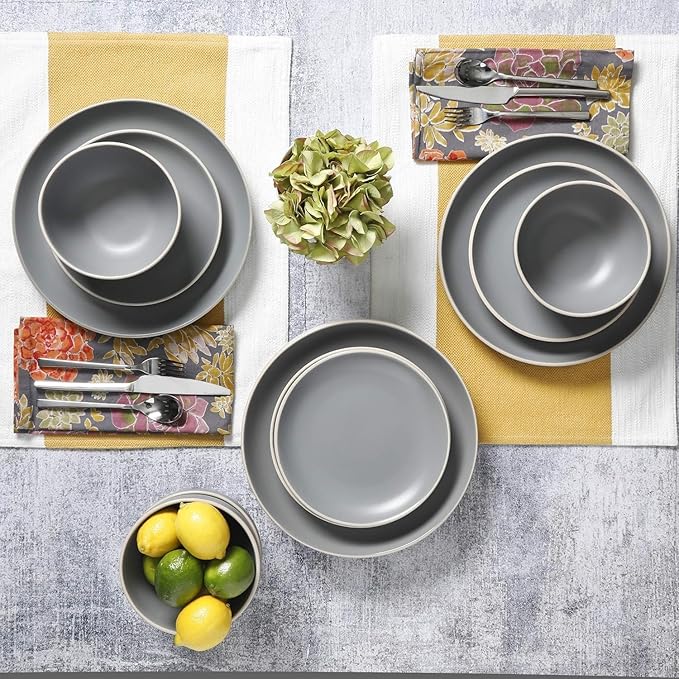 12-Piece Matte Gray Stoneware Dinnerware Set – Modern Plates Bowls &amp Mugs for Everyday Dining (Matte Grey)