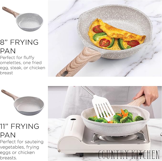 Country Kitchen Non-Stick Cast Aluminum Cookware Set - Durable Kitchen Cookware for Everyday Cooking Speckled Cream 8 Pc.