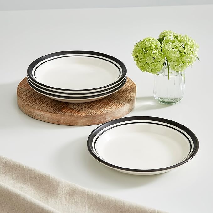 Portmeirion Potter's Stripe 16-Piece Dinnerware Set - Black Rimmed Plates &amp Bowls with Mugs Earthenware Dinnerware for Everyday Dining - Dishwasher &amp Microwave Safe Service for 4 Casual Dini