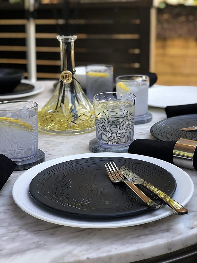 Bzyoo 12 Piece Melamine Dinnerware Set - Durable Dishwasher Safe Organica Black Plates and Bowls Sets Casual Dish Set for Dining Outdoor and Kitchen
