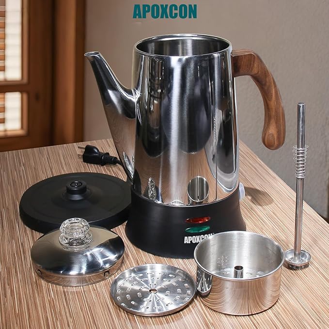 Electric Coffee Percolator Stainless Steel Coffee Maker with Two Heat Resistant Glass Knob &amp Treated Solid Wood Handle Keep Warm Cordless Serve Elegant Design Coffee Pot On/OFF Switch 8 Cup