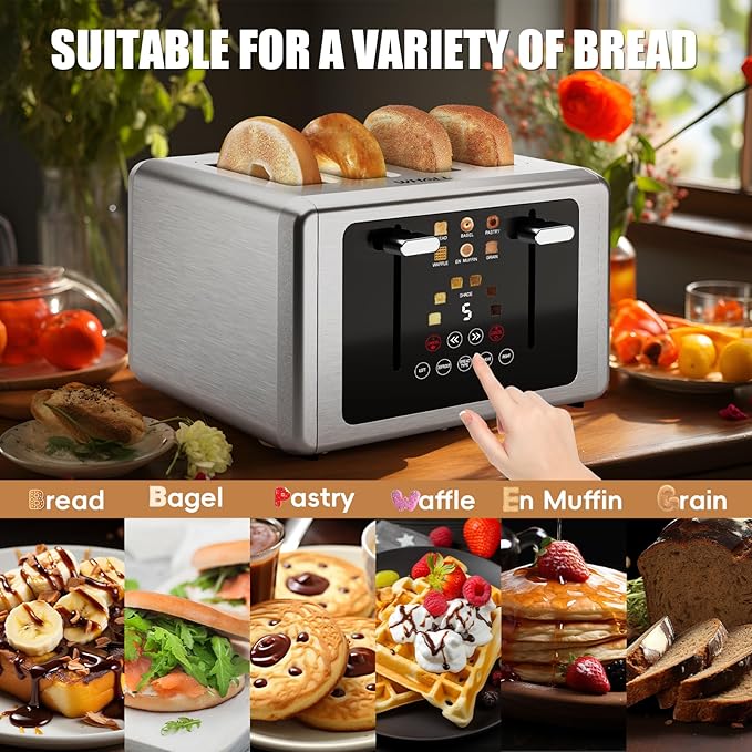 WHALL Touch Screen Toaster 4 Slice Smart Digital Toaster with 1.5 Wide Slots 6 Shade Settings &amp 6 Bread Types Memory Function Countdown Timer Brushed StainlessIdeal Kitchen Gift(Silver 4)