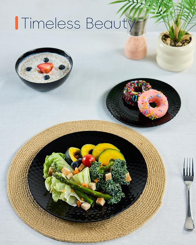 Dinnerware Sets Light &amp Durable 18 Pieces Opal Glass Plates and Bowls Set Dishwasher and Microwave Safe Dish Dinning Ware Thin but Strong Geometric Faceted Black