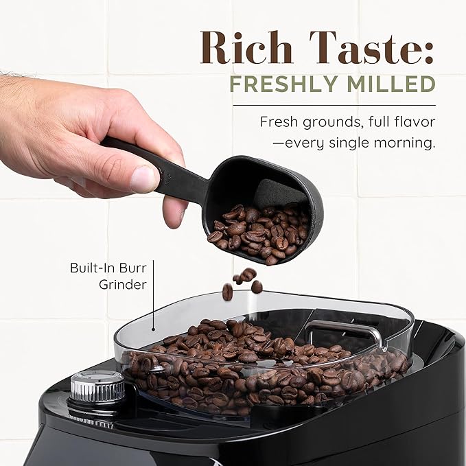 12-Cup Digital Drip Coffee Maker with Built-In Burr Grinder | Programmable Coffee Machine | Reusable Filter and Refillable Water Tank | Warming Plate with Glass Coffee Pot