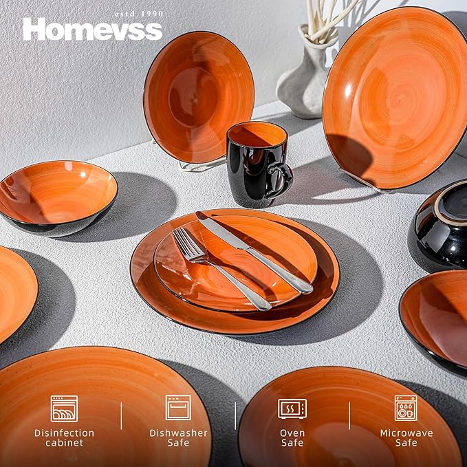 Stoneware Sonoma 56pc Dinnerware Set Black + Speckled Spin Wash Orange