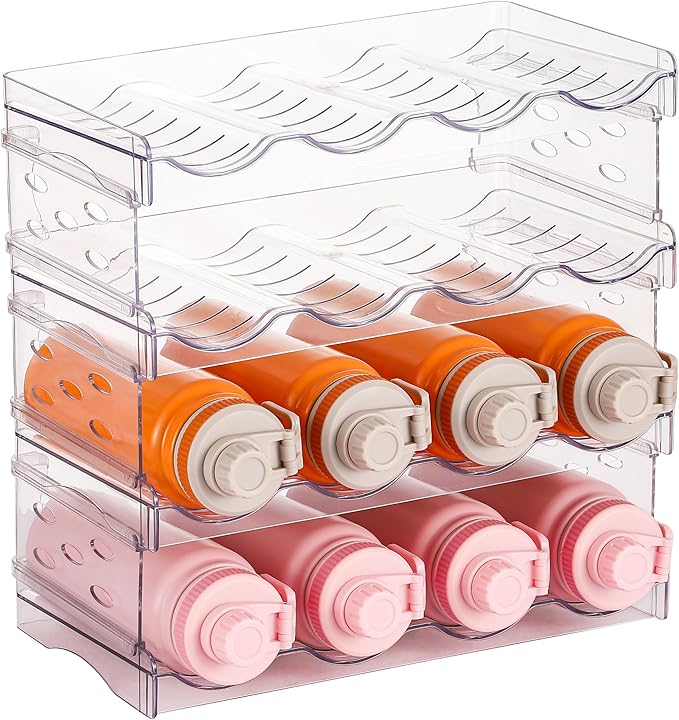 IEEK Plastic Stackable Bottle Storage Holder Rack Holds 16 BottlesFree-Standing Water Bottle/Wine and Drink Organizer Shelf for Kitchen CabinetFridgeCountertopPantryFreezer4 PackX4 BottlesClear