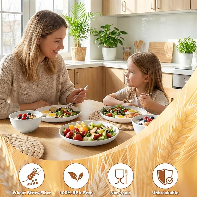 Plates and Bowls Sets for 8 Unbreakable &amp Lightweight Wheat Straw Dinnerware Sets 32 PCS Microwave Safe Dishes Set for 8 Dinner Plate Kitchen Cups and Bowls for Outdoor- White