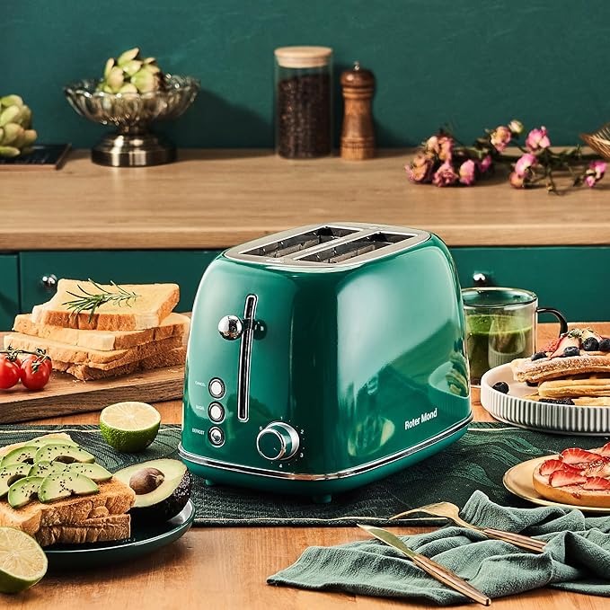 Roter Mond 2 Slice Toaster Retro Stainless Steel with Bagel Cancel and Defrost Functions 6 Bread Shade Settings Extra Wide Slots and Removable Crumb Tray Green