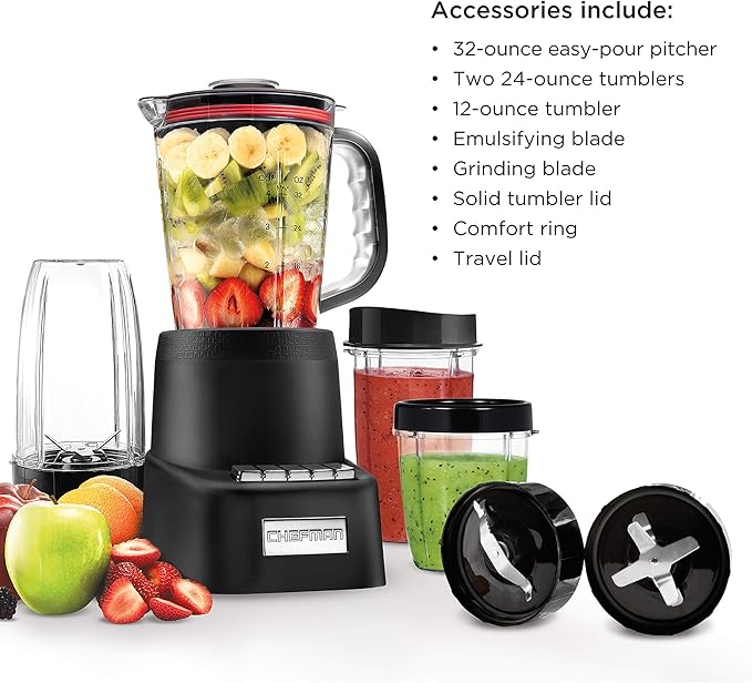 Chefman Countertop + Travel Dynamic Blending System 12-Piece Set 3 Programmed Speeds &amp Pulse Easy Ice Crushing for Shakes &amp Smoothies Dishwasher-Safe 32-Oz Pitcher 12Oz &amp 2 24Oz Tumbl