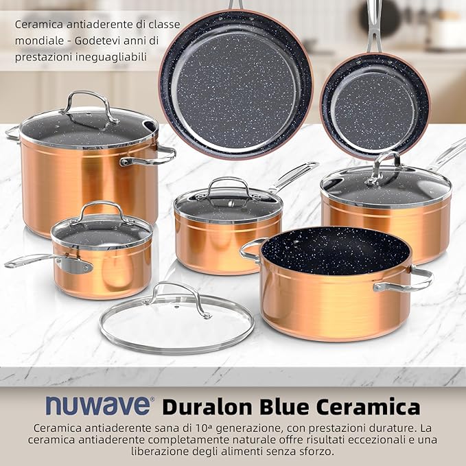 Nuwave 12 Piece Cookware Set - Duralon Blue Ceramic Non-Stick Frying Pans Saucepans Deep Sauté Pan Induction Compatible PFAS Free With Lids
